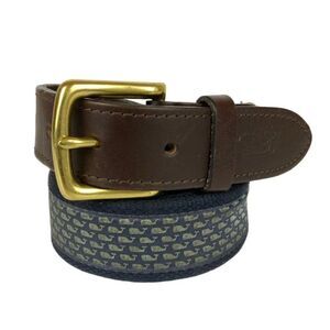 Vineyard Vines Belt Size 32 Blue Ribbon Webbing Whales Nautical Brass Buckle